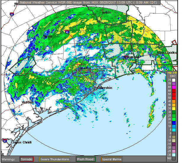 This NOAA radar image shows Hurricane Harvey after it was downgraded to tropical storm status, Aug. 28. Photo courtesy of NOAA/NASA.