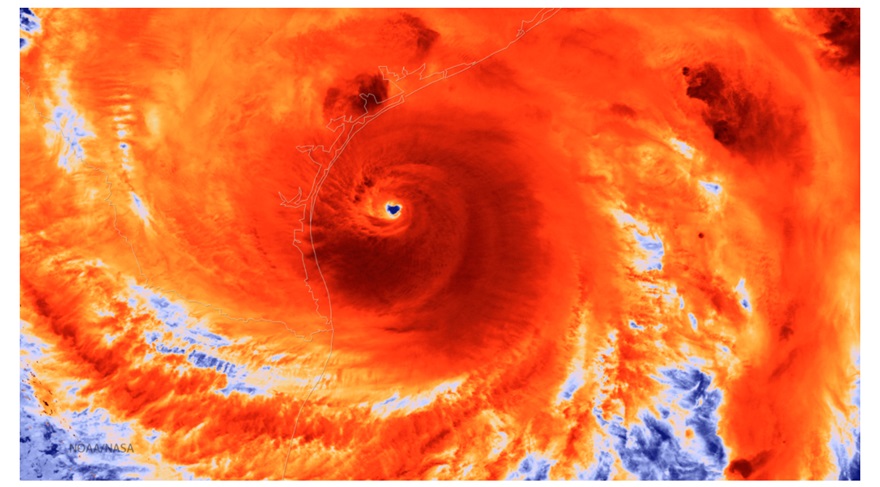 NOAA published a colorized infrared image of Hurricane Harvey as it approached the Texas coastline. The storm's thick bands of rain are continuing to cause havoc in the Houston area as meteorologists predict as much as 50 inches of rainfall could deluge parts of the area. Photo courtesy of NOAA/NASA.
