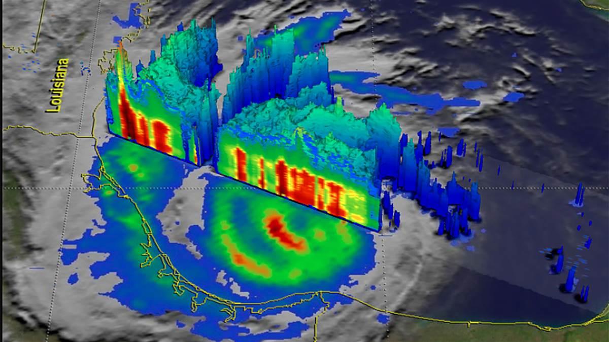 The Global Precipitation Measurement satellite measured rainfall in Hurricane Harvey on Aug. 25, at 7:50 a.m. Central Daylight Time and found that intense storms in the eastern side were dropping rain at a rate greater than 3.2 inches per hour. Photo courtesy of NASA/JAXA, Hal Pierce.