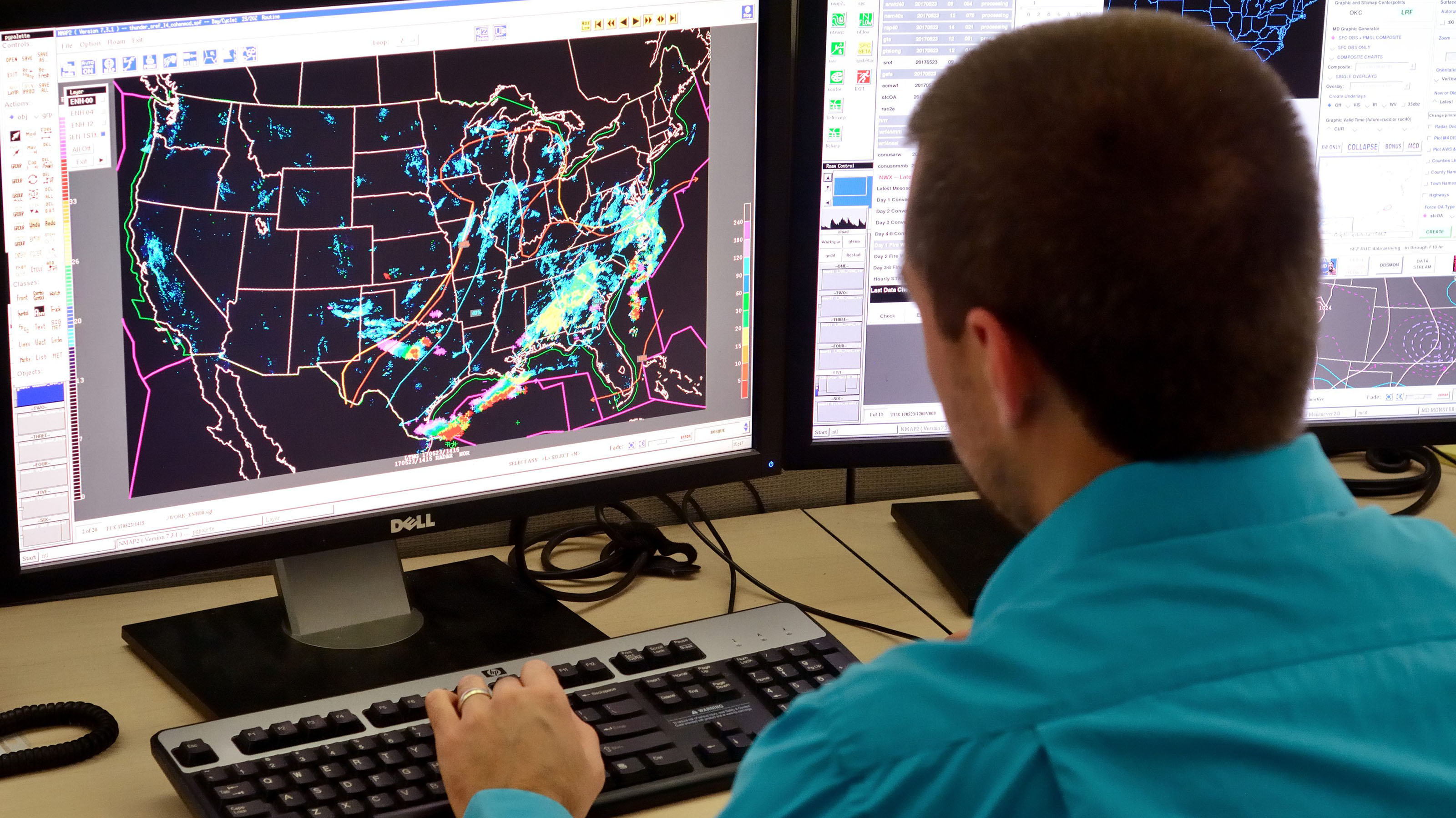 At the National Weater Center's Mesoscale Desk, Aaron Gleason updates the Enhanced Thunder Product. He's looking for sources of lift that could trigger thunderstorms.