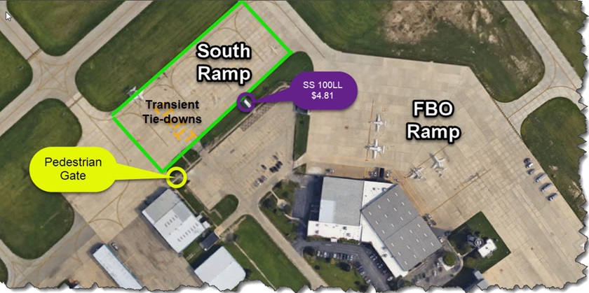 Waukegan National Airport published a map depicting free tiedowns for transients as well as the location of self-service avgas and a pedestrian entrance to the ramp. Photo courtesy of Waukegan National Airport. 