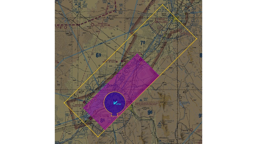 Graphic depicting the future airspace surrounding Pocatello Regional Airport with blue representing the proposed Class D, pink the proposed Class E upward from 700 feet, and the yellow outline representing Class E upward from 1,200 feet. Image courtesy of the FAA.