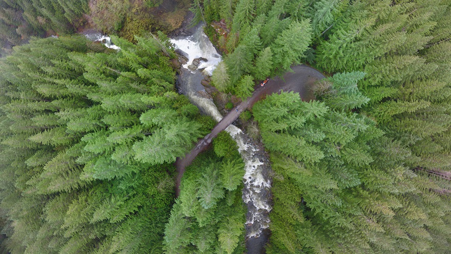 A drone perspective on Nooksack Falls in Whatcom County, Washington, near Mount Baker. 