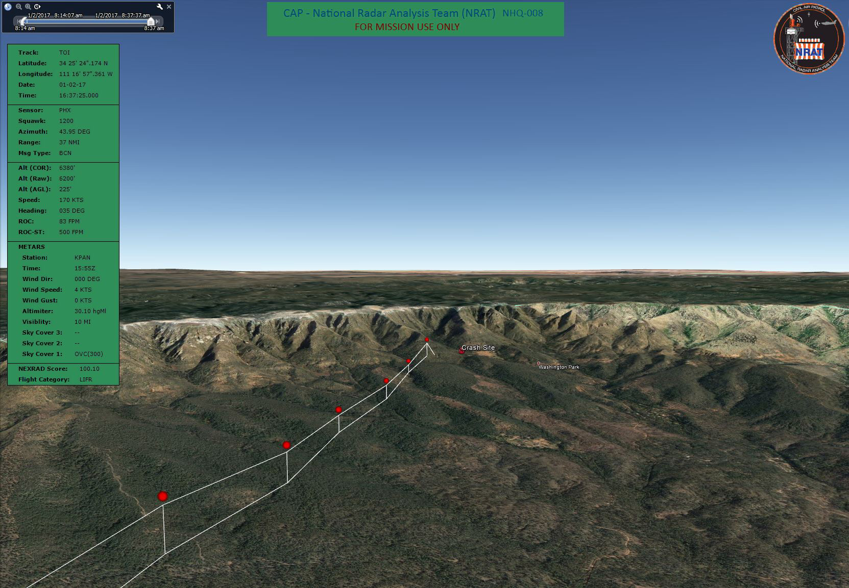 The Civil Air Patrol's National Radar Analysis Team (NRAT) analyzes radar tracking, terrain, weather, and other factors to quickly map likely search and rescue targets. Photo courtesy of John Henderson.