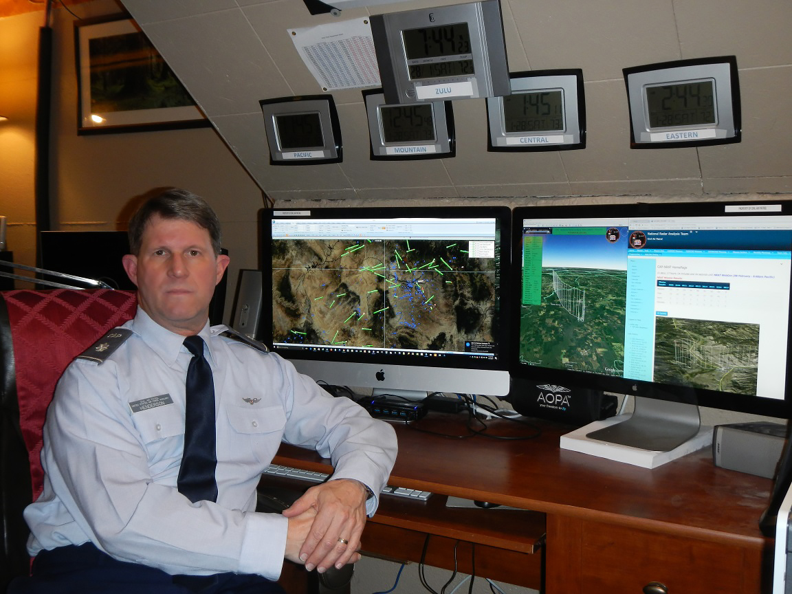 The Civil Air Patrol's Lt. Col. John Henderson developed the National Radar Analysis Team (NRAT) that analyzes radar tracking, terrain, weather, and other factors to quickly map likely search and rescue targets. Photo courtesy of John Henderson.