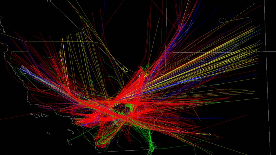 Air traffic data for Twentynine Palms Range Complex Aug. 10 to 31, 2015. General aviation, military, air carrier, air taxi, and unknown flights are depicted in red, green, yellow, light blue, and dark blue, respectively. Image courtesy of the FAA.