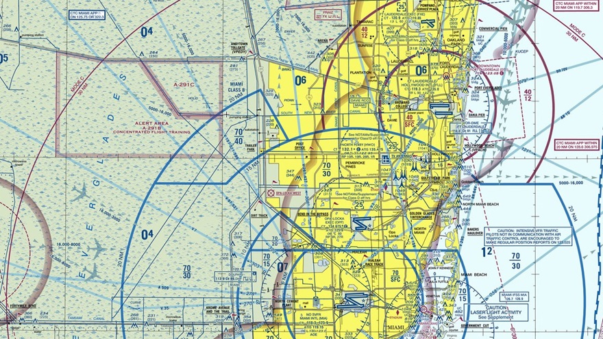 Special use area A-291 to the northwest of Miami's Class B airspace. Graphic courtesty of SkyVector.