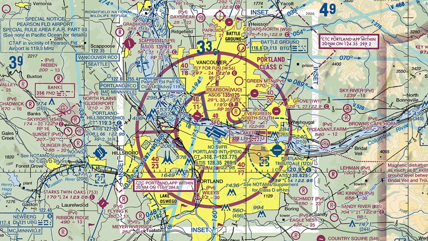 Pearson Field within the Class C airspace of Oregon's Portland International Airport. Graphic courtesy of SkyVector.