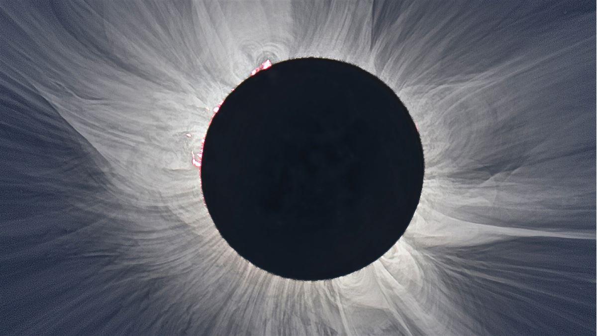 The sun’s corona, helmet streamers, prominences, polar flumes, and coronal loops can be seen In this total solar eclipse photo provided by NASA. Photo courtesy of S. Habbal, M. Druckmuller, and P. Aniol, NASA.