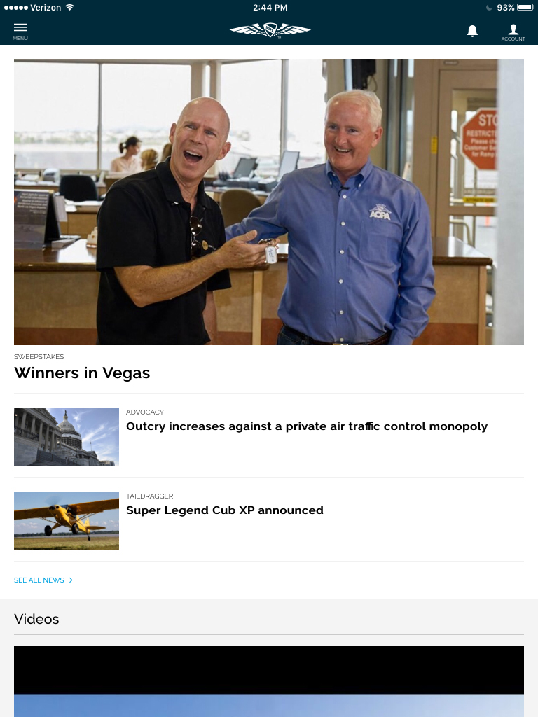 The AOPA app home page includes the latest news, a featured video, and events.