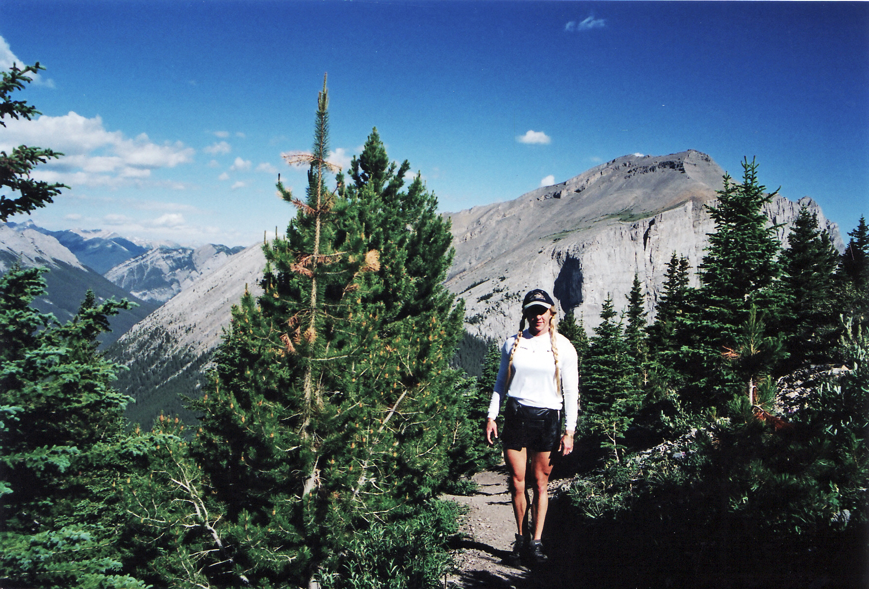 Crista Videriksen Worthy hikes just below the treeline on the trail to Ha Ling Peak in the Canadian Rockies. Photo by Fred Worthy.