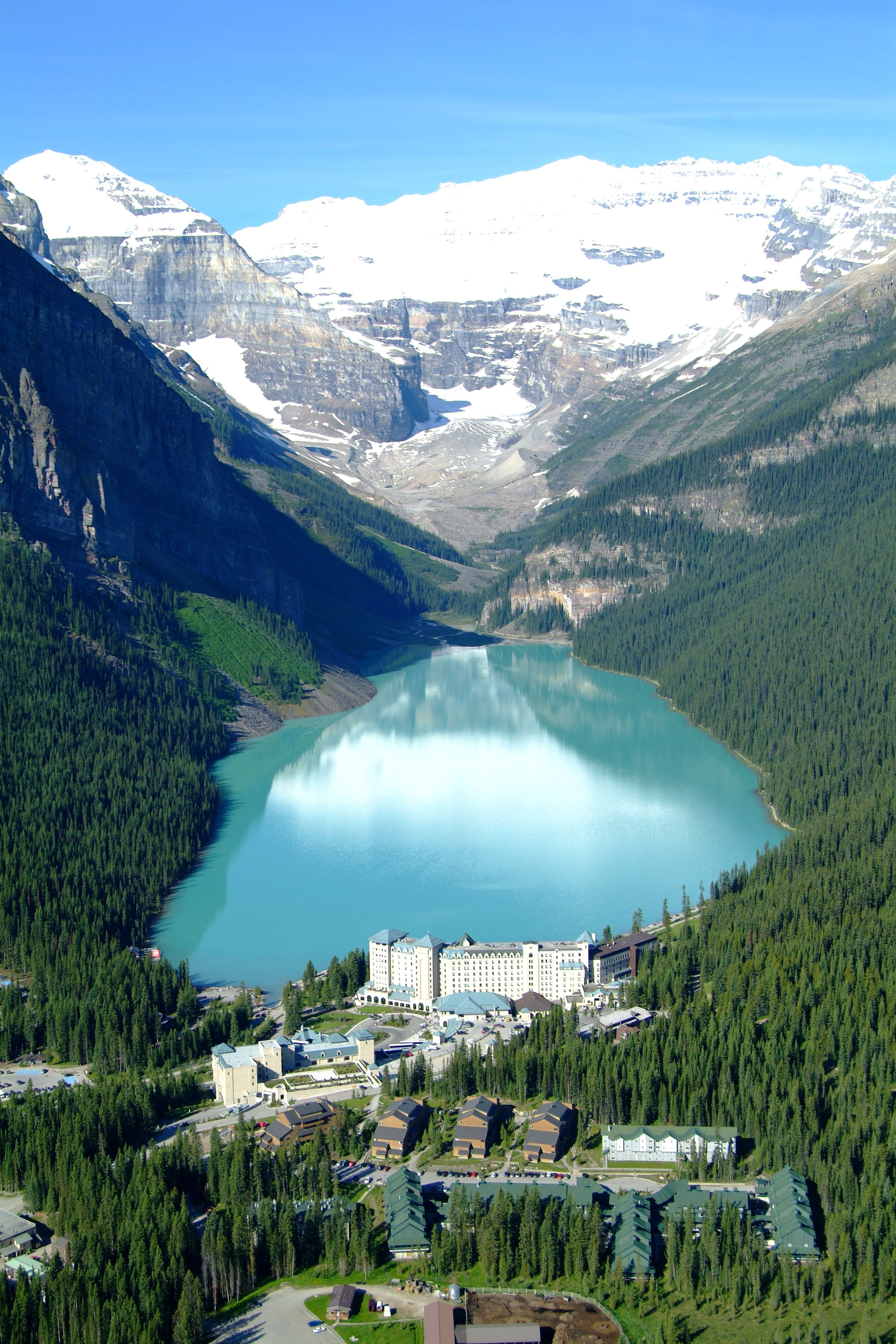 Aerial photo of Lake Louise, Victoria Glacier, and the Fairmont Chateau Lake Louise. Photo courtesy Travel Alberta.