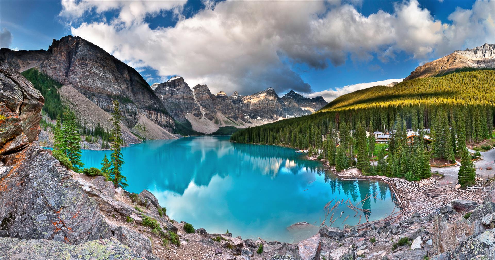 Moraine Lake on a late summer day. The lake’s color changes from early to late summer, according to its depth. The color also changes depending on your angle of view, cloud cover, and time of day. Photo by Mike Boehmer via Wikimedia Commons.