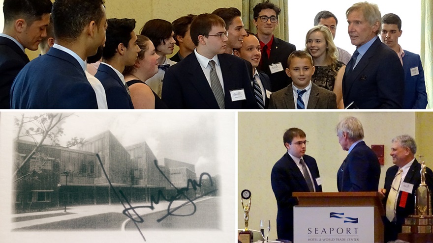 Davis O'Connor receives his high school diploma from actor Harrison Ford in a surprise presentation during the Aero Club of New England's June 4 luncheon, where Ford accepted a Godfrey L. Cabot award. Photos courtesy of EAA Chapter 106. Composite by AOPA staff.