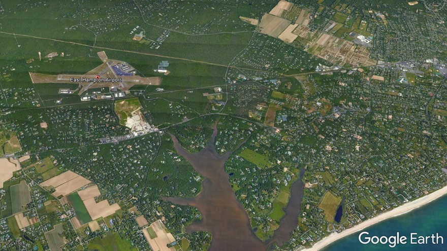 East Hampton Airport has long been the subject of acrimony over noise. Google Earth image.