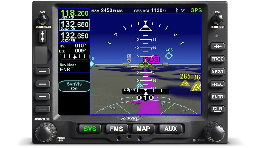 The new IFD550 from Avidyne is similar to the IFD540, with the addition of an integrated attitude reference system that provides a secondary attitude display and enables enhanced synthetic vision. Image courtesy of Avidyne. 