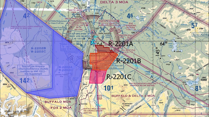 AOPA graphic depicting FAA proposed restricted area R-2201A, B, and C near Fort Greely, Alaska.