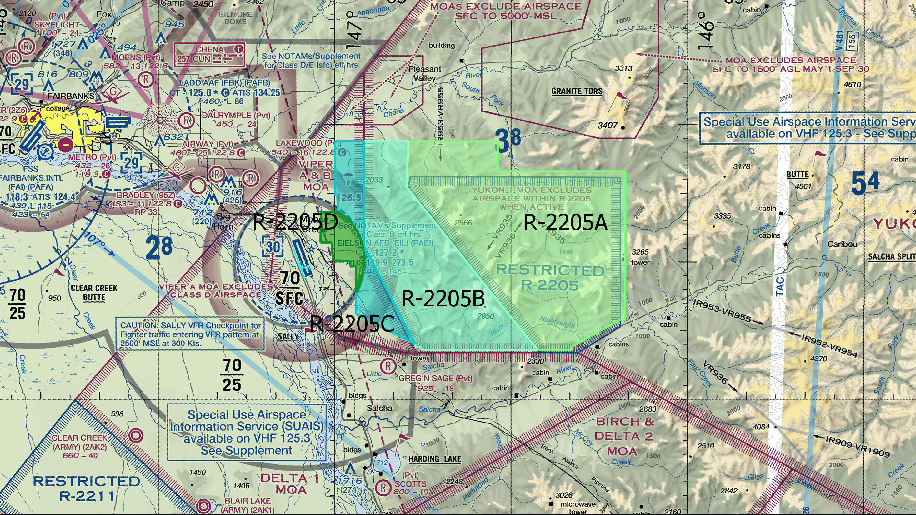 AOPA graphic illustrating FAA proposed restricted area R-2205A, B, C, and D which would extend to the north east and southeast of Eilson Air Force Base, Alaska.