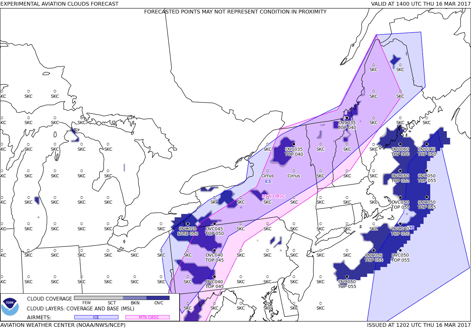 Example of the National Weather Service experimental aviation clouds forecast.