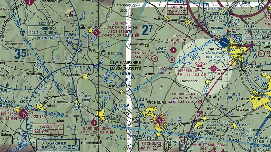 Chart illustrating parachute jumping area between Fitchburg and Boire airports.