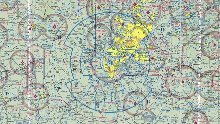 Class B airspace surrounding Cincinnati/Northern Kentucky International Airport. Image courtesy of SkyVector.