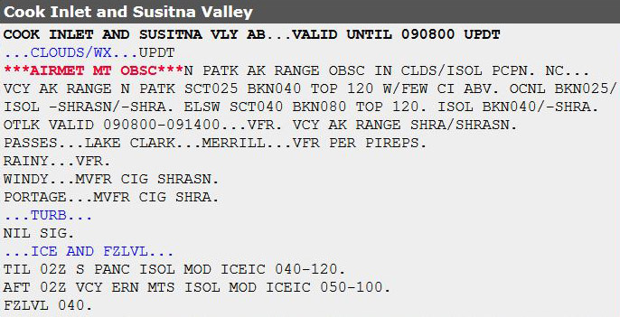 Forecast for Alaska's Cook Inlet and Susitna Valley area with PIREP reference included. Image courtesy of NOAA.