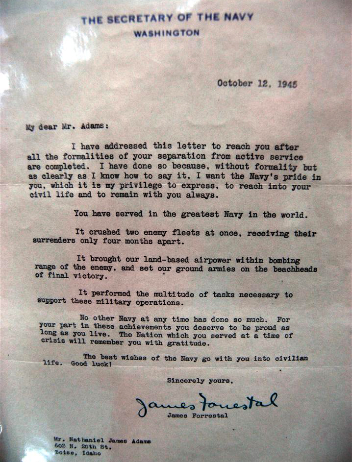 This letter, displayed at the Warhawk Air Museum in Nampa, Idaho, was written to Hellcat pilot Nat Adams by James Forrestal, Secretary of the Navy, shortly after Adams completed active service in the Navy. Adams received two Distinguished Flying Crosses and multiple other awards. Among many other wartime heroic deeds, Adams helped save the life of George H.W. Bush, who would later become the President of the United States. Photo by Crista Worthy.