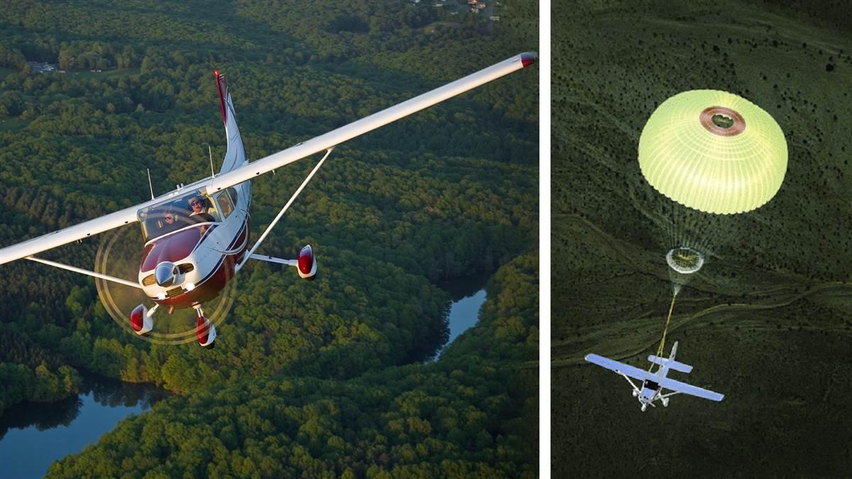 Whole aircraft parachute manufacturer BRS Aerospace established an authorized network to install the devices in several Cessna single-engine aircraft models. Composite photo by AOPA includes a BRS Aerospace photo and an AOPA file photo.