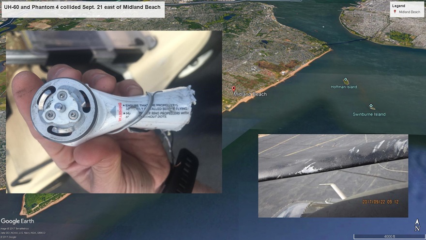 The NTSB is investigating the Sept. 21 collision of a DJI Phantom 4 quadcopter and a U.S. Army Black Hawk helicopter east of Midland Beach on Staten Island, New York. Google Earth base image with FAA photos overlaid. 