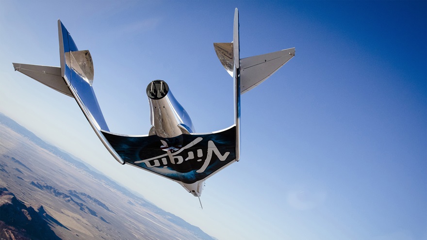 Virgin Spaceship Unity glides for the first time after being released from Virgin Mothership Eve over the Mojave Desert on Dec. 3, 2016. Photo courtesy of Virgin Galactic. 