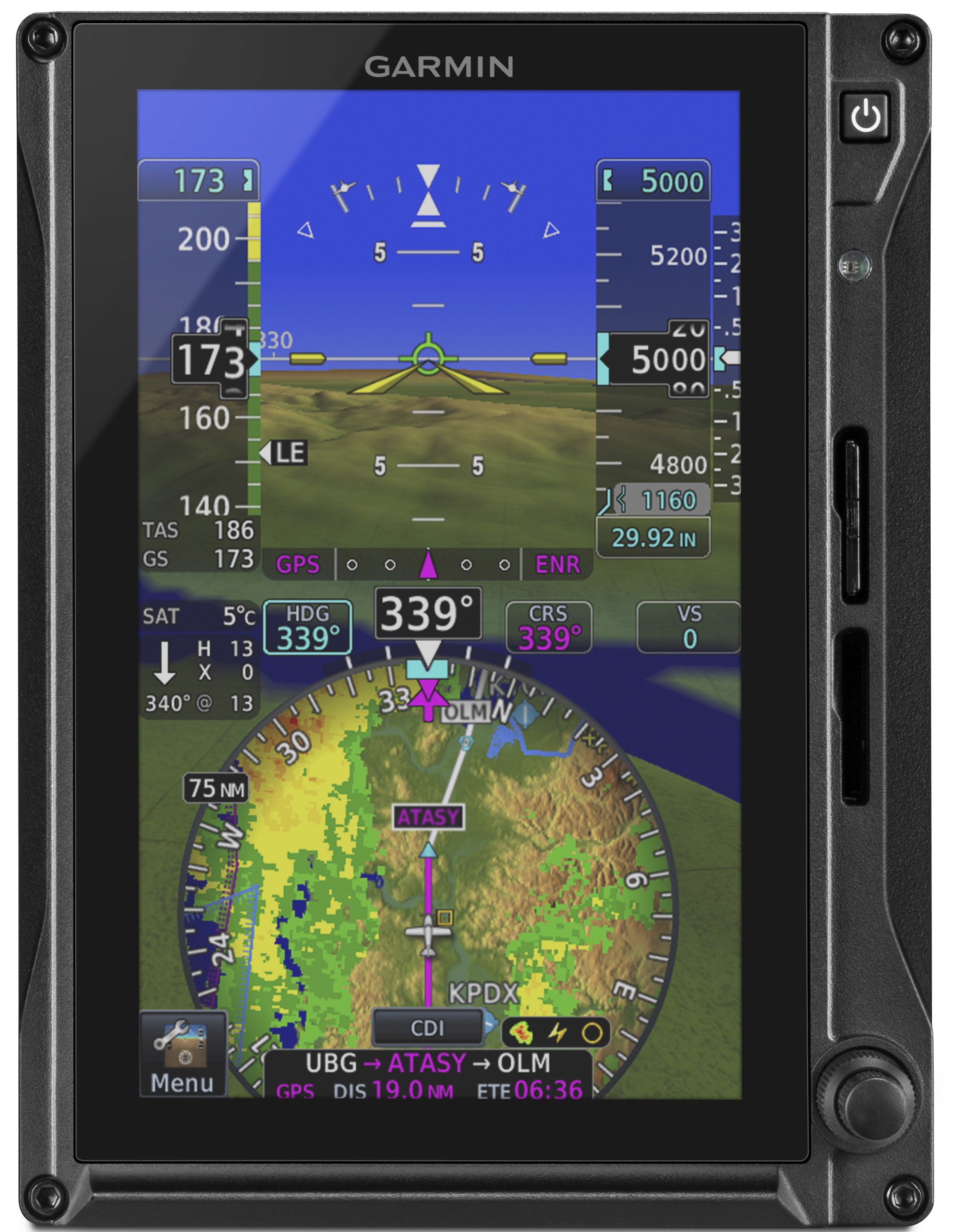 The Garmin G600 Txi with 7-inch portrait display can be used as a primary flight display or multifunction display, or as an engine information system. Image courtesy of Garmin.