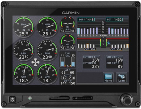 The Garmin G600 TXi with 7-inch landscape display shows engine information in real time. Image courtesy of Garmin.