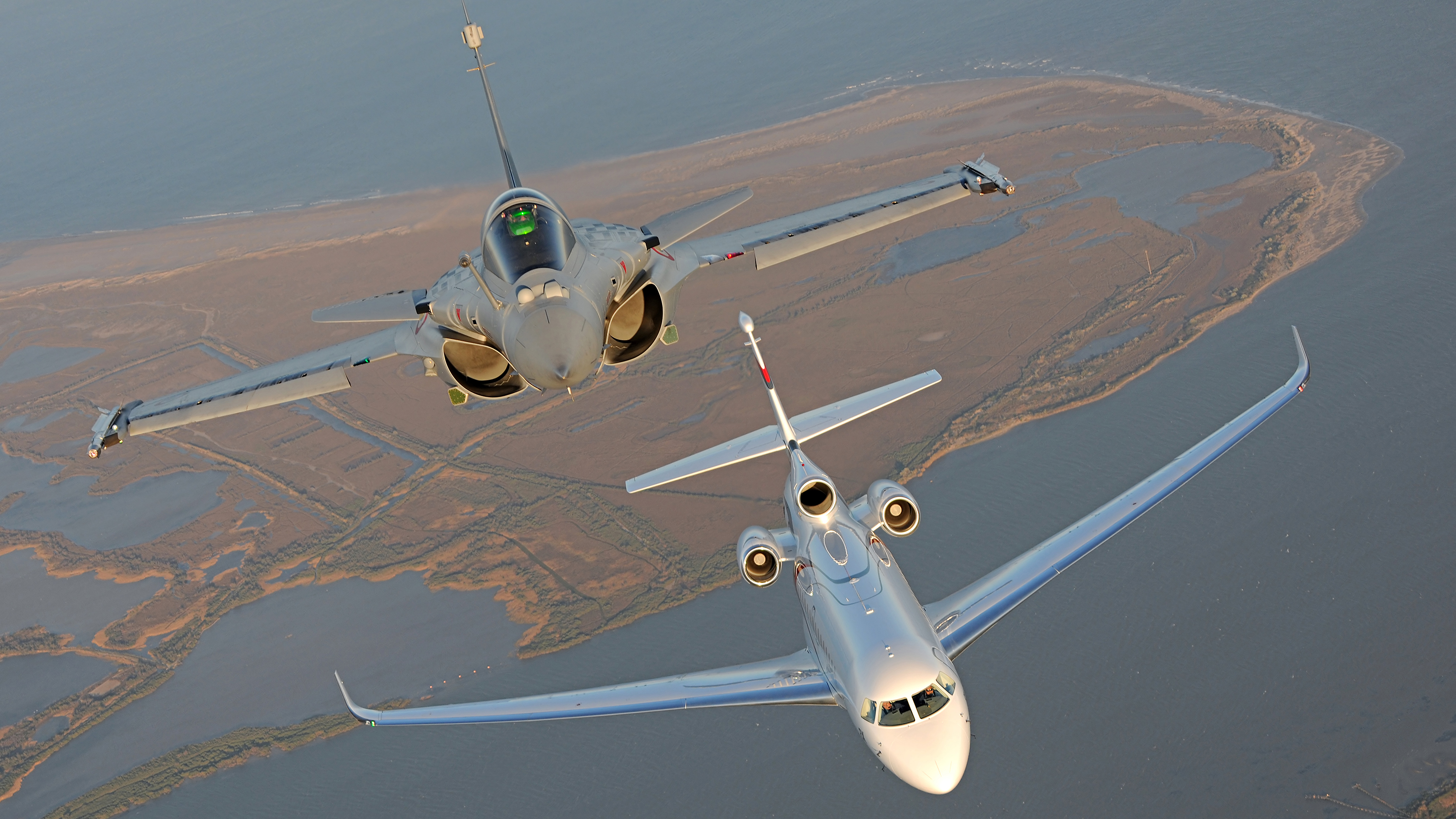 Dassault captures its Rafale fighter and Falcon 8X together during a formation flight. Photo courtesy of Dassault.