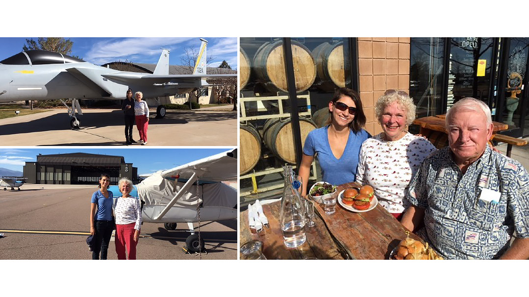 Genevieve Anonsen shows Ceci Stratford and husband, Charles Kamphausen, around Colorado Springs Municipal Airport and Peterson Air Force Base during their visit to Boulder, Colorado. Photos courtesy of the San Fernando Valley chapter of The Ninety-Nines. 