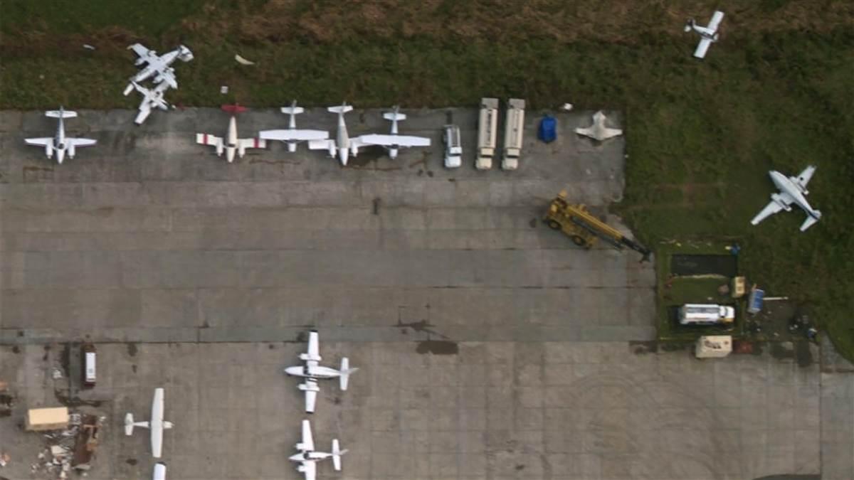 Aircraft at Cyril E. King Airport on the island of Saint Thomas in the U.S. Virgin Islands can be seen twisted and damaged in this aerial reconnaissance photo provided by the National Oceanic and Atmospheric Administration’s ‘Hurricane Hunter’ aircraft. Photo courtesy of NOAA.