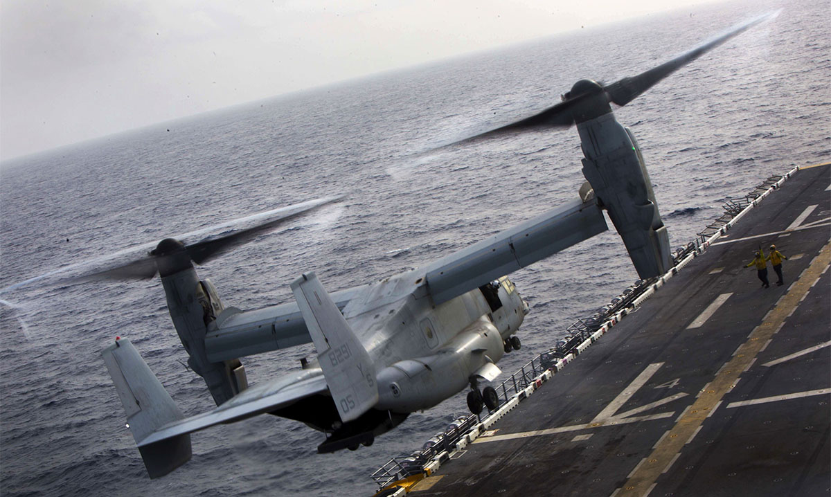 A Marine Corps MV-22B Osprey aircraft with Marine Medium Tiltrotor Squadron 162 takes off from the amphibious assault ship USS Kearsarge to support Hurricane Maria relief efforts in the Caribbean Sea, Sept. 27, 2017. Marine Corps photo by Cpl. Juan A. Soto-Delgado.