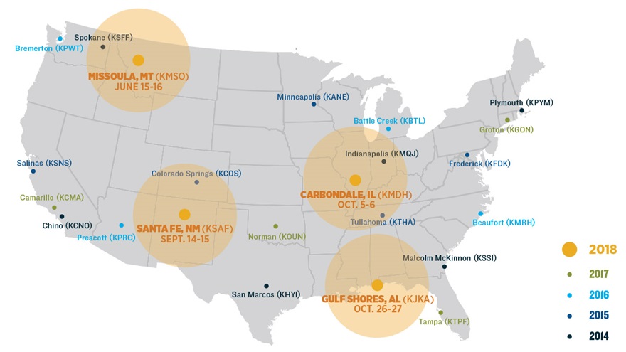 AOPA's 2018 Fly-In locations include Missoula, Montana; Santa Fe, New Mexico; Carbondale, Illinois; and Gulf Shores, Alabama.