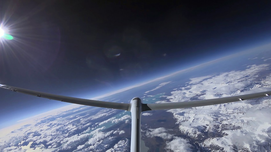 The tail camera of record-setting Airbus Perlan Mission II soaring pilots Jim Payne and Morgan Sandercock records the scene high above Argentina's Andres Mountains at 52,172 feet. Photo courtesy of Airbus Perlan Mission II.