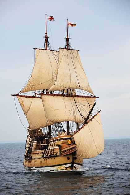 The 'Mayflower II,' a replica of the original ship that brought the Pilgrims to the New World in 1620, is normally berthed at Plymouth. Photo courtesy Plimoth Plantation.