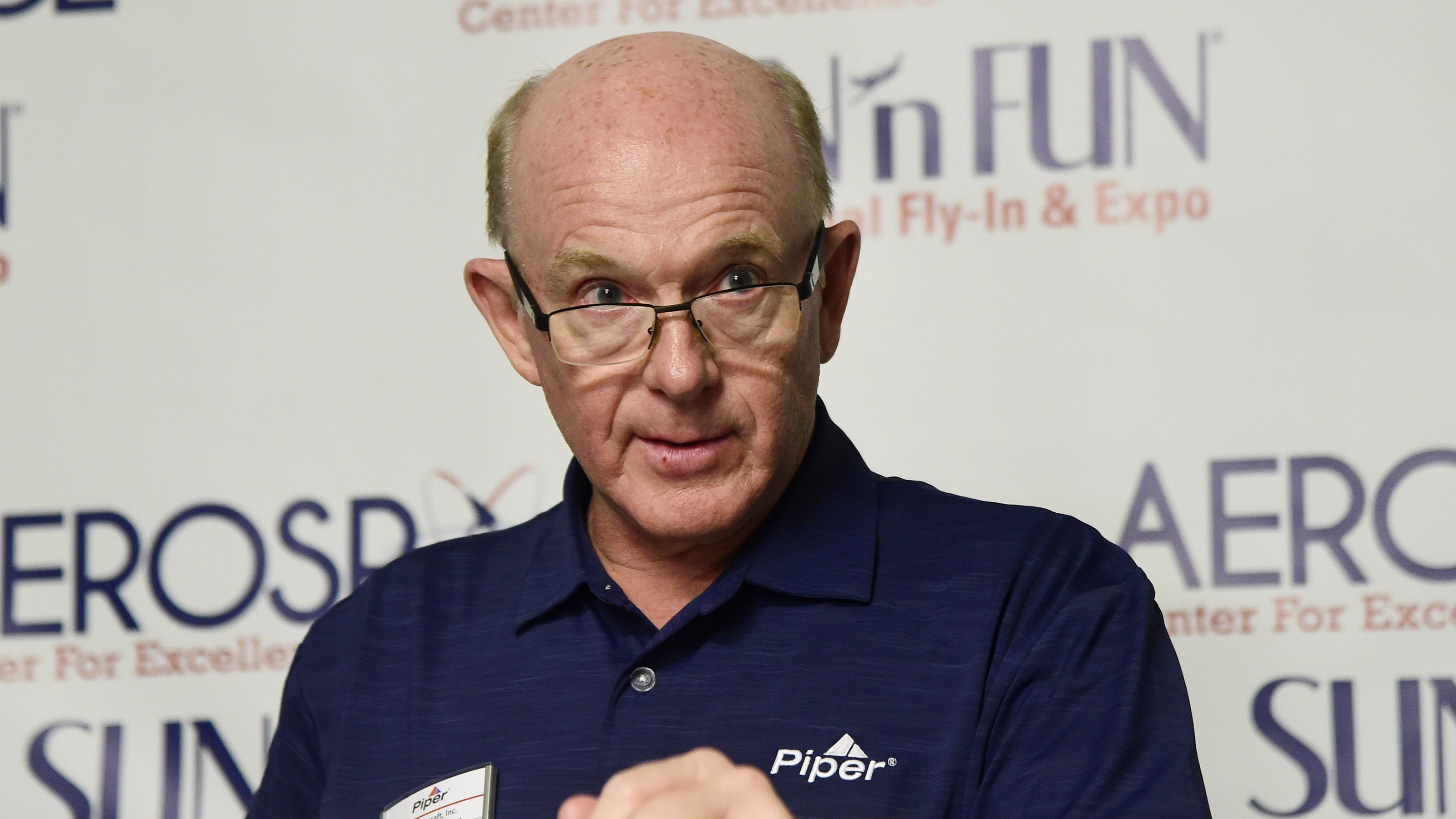 Piper Aircraft CEO Simon Caldecott announces the manufacturer's latest sales figures during the Sun n Fun International Fly-In and Expo in Lakeland, Florida, Tuesday, April 10, 2018. Photo by David Tulis.