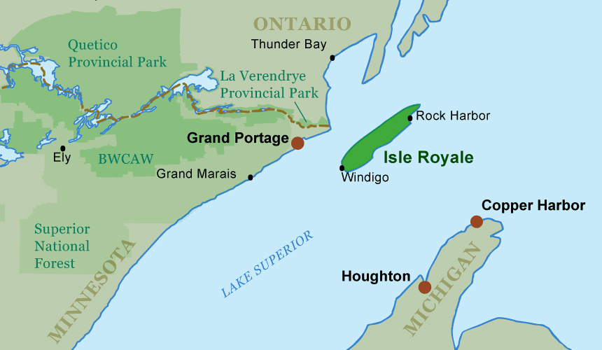 Airports for land planes are in Grand Marais, Minnesota, and Houghton, Michigan. Grand Marais also has a public seaplane base. Commercial seaplane flights depart from Grand Marais airport or a private seaplane base at Houghton. Ferries depart from Houghton and Copper Harbor in Michigan and Grand Portage, Minnesota. Ferries dock at Windigo and Rock Harbor. Seaplanes dock at Windigo or Tobin Harbor, which is adjacent to Rock Harbor. Map courtesy Canoeing.com.