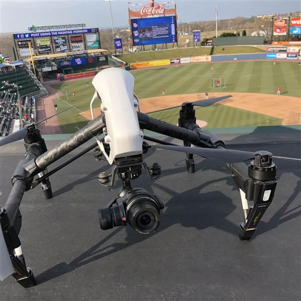 This DJI Inspire, seen here during batting practice before the April 12 home opener at Coca-Cola Park, is ready to capture game action. Photo courtesy of Lehigh Valley Drone. 