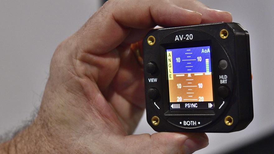 FAA NORSEE certification is pending for AeroVonics' AV-20-S, a two-inch-diameter, self-contained multifunction display with integral angle of attack and other capabilities. The company displayed it at EAA AirVenture 2018. Photo by Mike Collins.