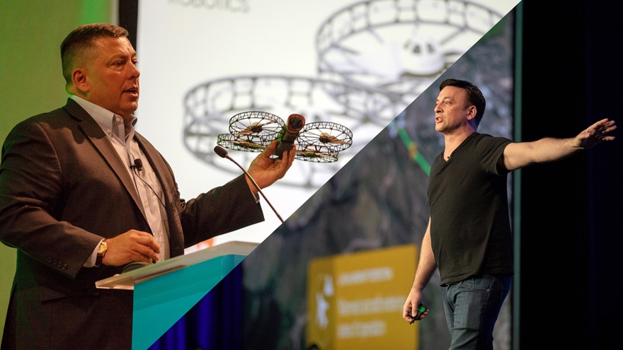 Greg Agvent, left, director of news operations for CNN, holds a Vantage Robotics Snap drone, the first of just 12 operators approved to fly drones over people to date. At right, PrecisionHawk CEO Michael Chasen also addressed a conference in May, expressing hope that the FAA would approve the firm's technological approach to flying drones beyond line of sight. To date, only 25 such waivers have been approved. Jim Moore photos.