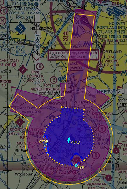 Proposed airspace diagram at Aurora State Airport (UAO). Class D is excluded below 1,500 feet MSL within the cutout areas near 67OR and 7S9.  Class E surface area shown in dashed yellow, except is excluded below 1,500 feet MSL near67OR. Class E surface area is not excluded from the cutout area near 7S9. Proposed Class E airspace extending upward from 700 feet shown in magenta with existing Class E shown in yellow outline for reference. Image courtesy of the FAA.