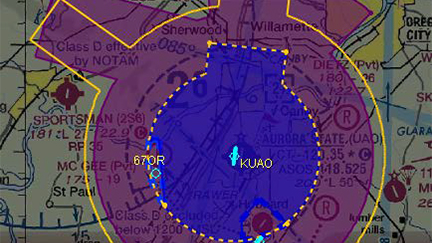Proposed airspace diagram at Aurora State Airport (UAO). Class D is excluded below 1,500 feet MSL within the cutout areas near 67OR and 7S9.  Class E surface area shown in dashed yellow, except is excluded below 1,500 feet MSL near
67OR. Class E surface area is not excluded from the cutout area near 7S9. Proposed Class E airspace extending upward from 700 feet shown in magenta with existing Class E shown in yellow outline for reference. Image courtesy of the FAA.