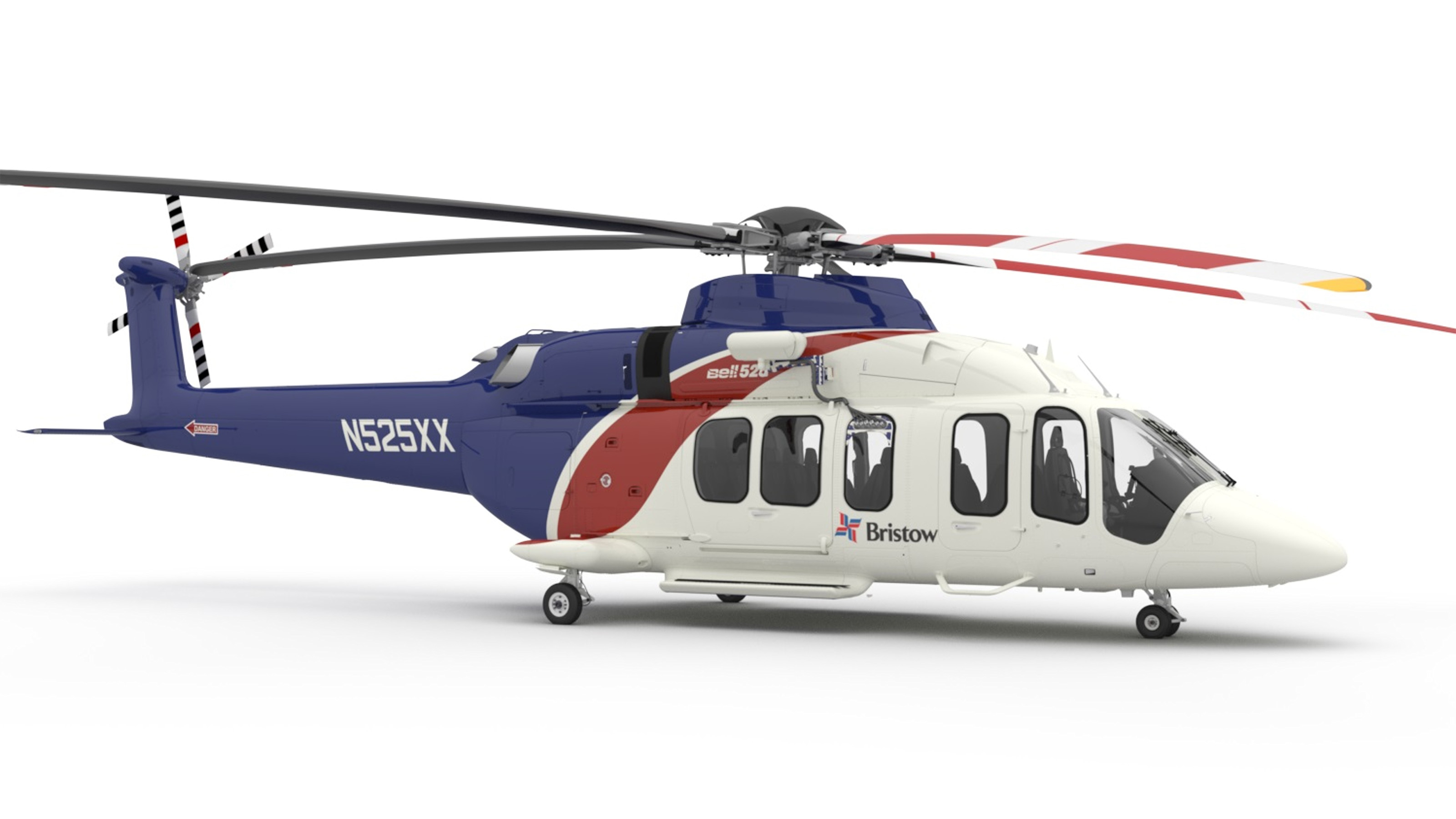 Bell says development of its model 525 is progressing on schedule. It is displaying a Bell 525 in Bristow colors during the Heli Expo tradeshow. Photo courtesy of Bell.