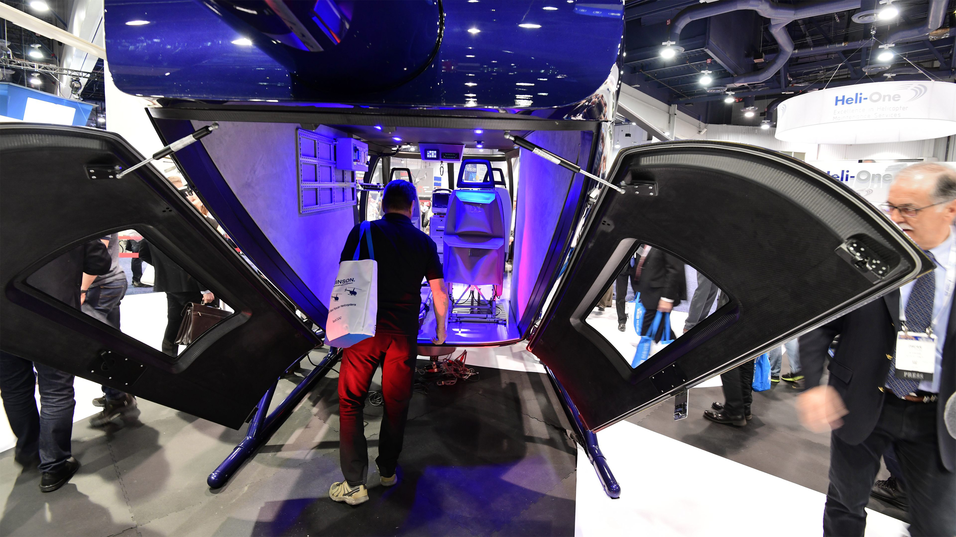 Kopter's new SH09 cabin mockup, on display at HAI Heli-Expo 2018, is fitted with a medivac interior. Air tour operators also have expressed interest in the new model. Photo by Mike Collins.