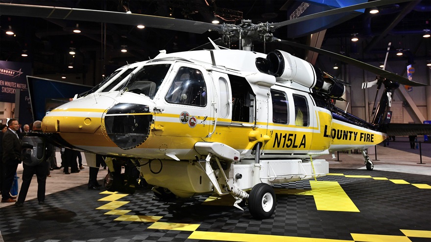 Sikorsky's exhibit at HAI Heli-Expo 2018 included this Los Angeles County Fire Department SH-70i Firehawk. This airframe saw extensive service fighting wildfires in Southern California last year. Photo by Mike Collins.