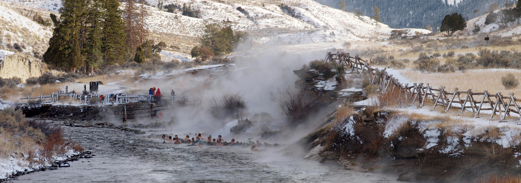 Open autumn through winter during daylight hours, the Boiling River is in northern Yellowstone National Park, just south of the 45th Parallel Bridge, between Mammoth Hot Springs and the North Entrance. Photo by Jon Wick via Flickr.